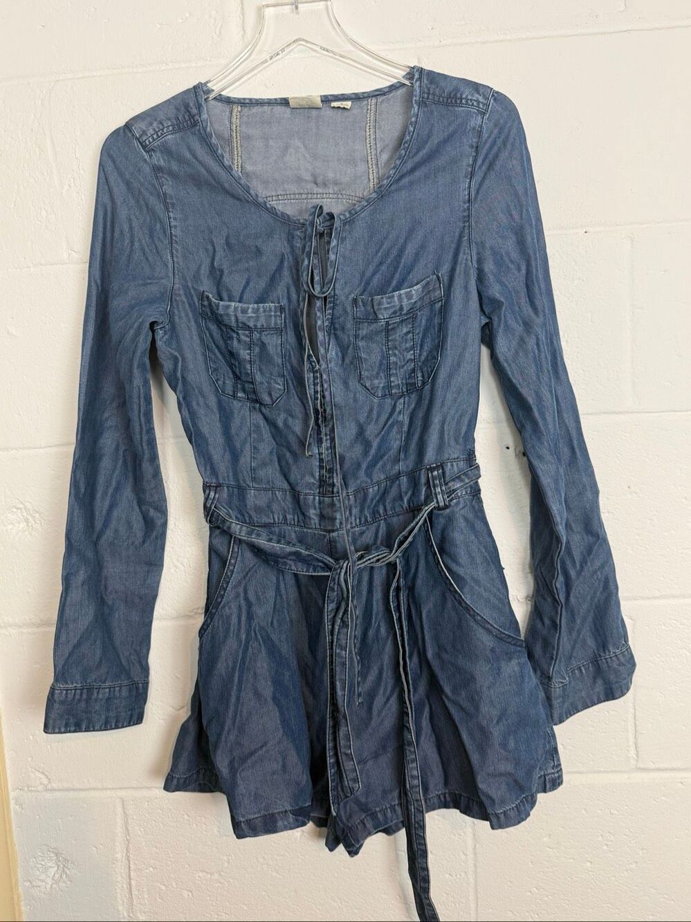 Somedays Lovin Women’s Small Chambray Denim Romper Long Sleeve Belted Boho Weste